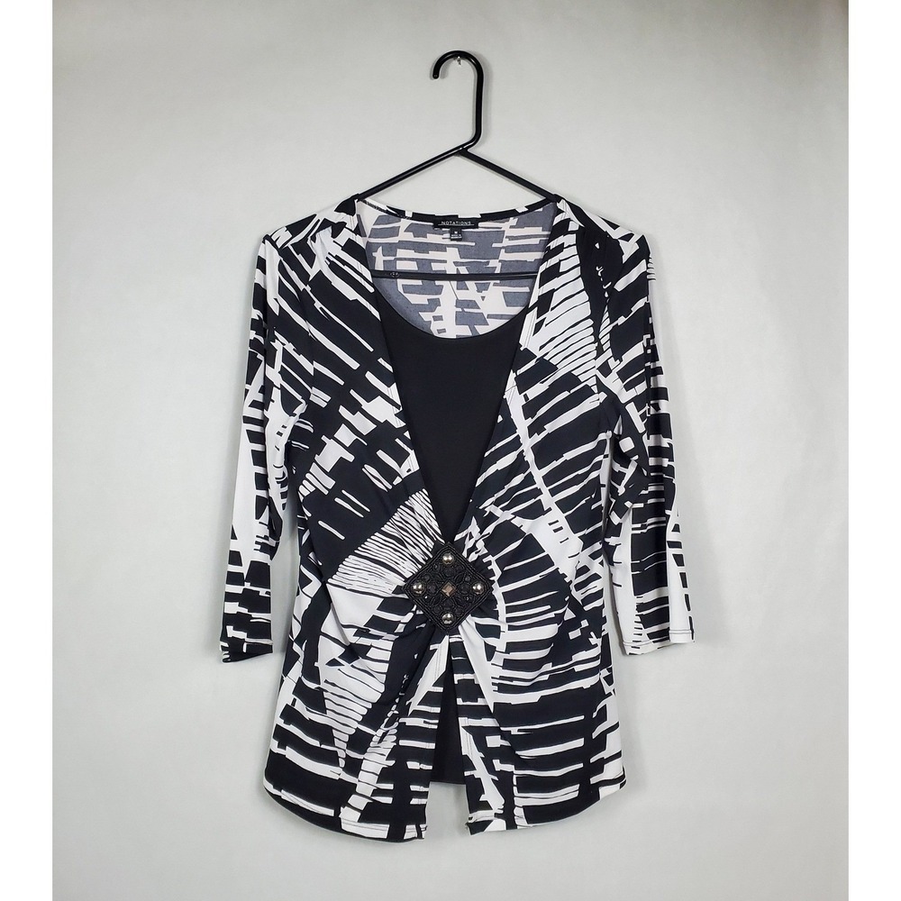 Notations Womens Black White Geometric 3/4 Sleeve Beaded Medallion Top Size M
